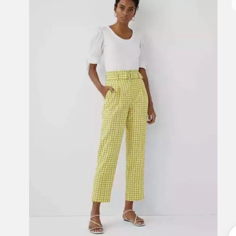 Ann Taylor Green Apple Gingham Paper bag Waist Belted Ankle Pants NEW